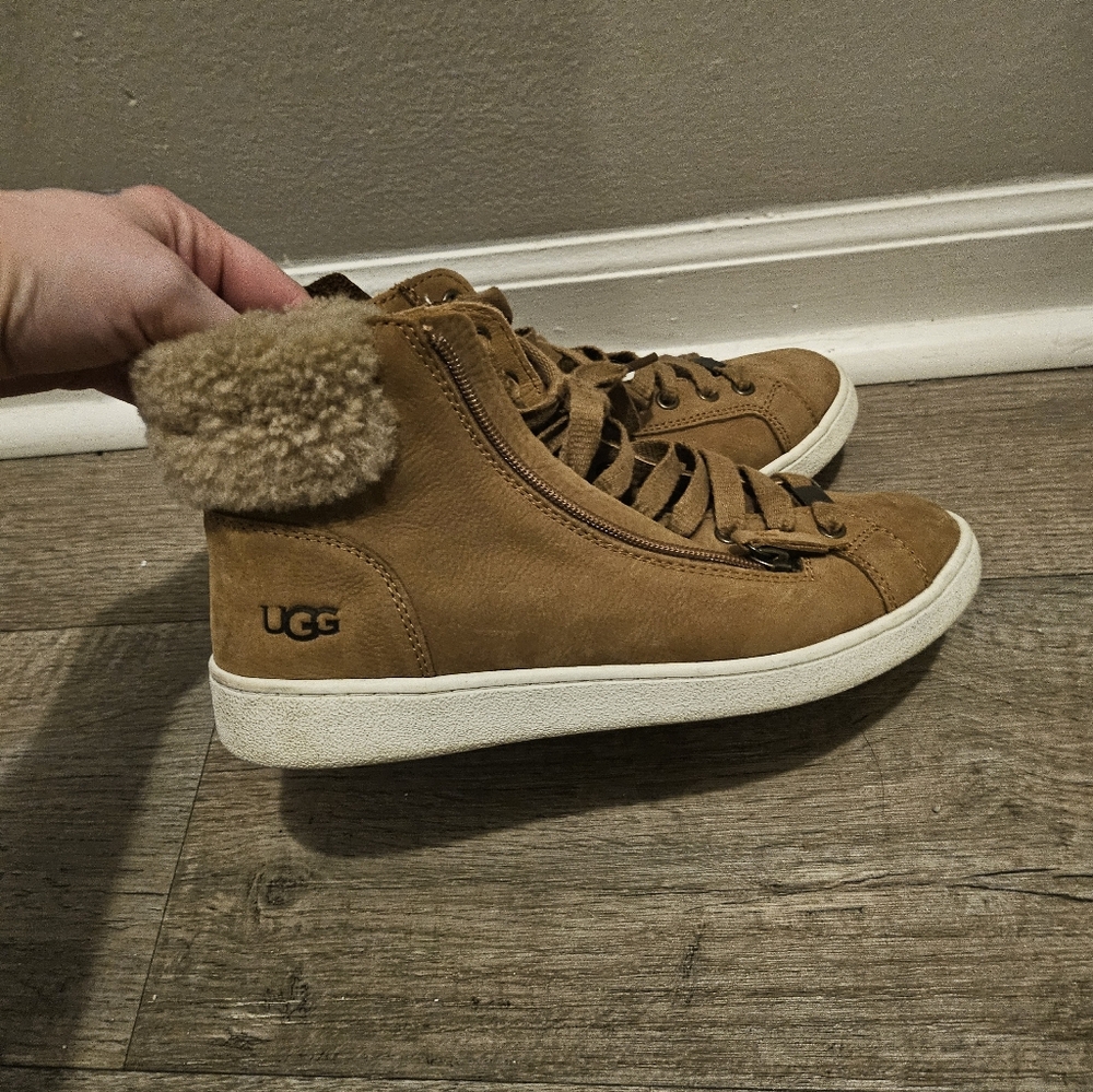 UGG Chestnut/Tan Suede High-Top Sneakers with Shearling Cuff